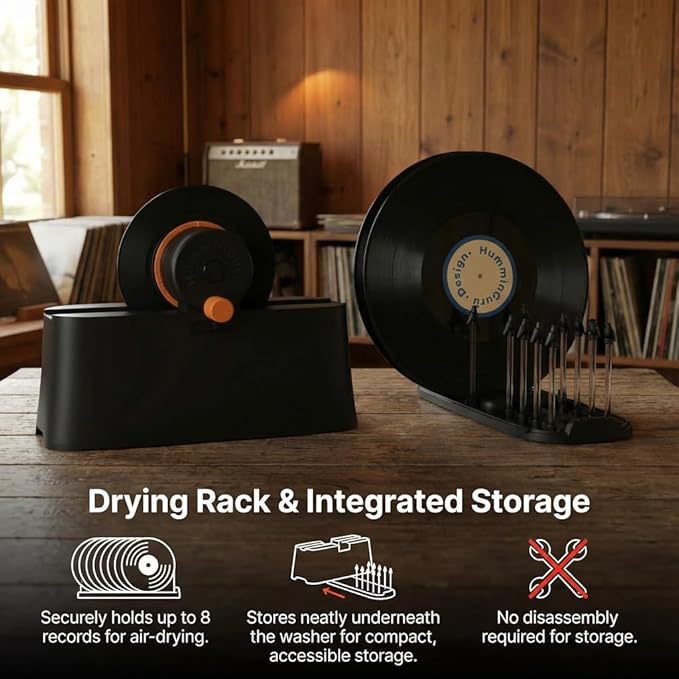 HumminGuru EZ Record Washer, Manual Vinyl Record Cleaner Machine with Easy Spin & Watertight Label Clamp, Record Cleaning Kit with Gentle Goat-Hair Brushes, Alcohol-Free LP Fluid, Drying Rack & Cloth