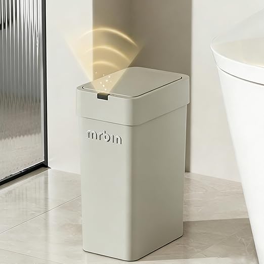 MRBIN Motion Sensor Bathroom Trash Can with Lid, 9L/2.4gal Automatic Plastic Slim Covered Electric Waste Basket, Narrow Rectangle Garbage Bin Under Desk for Small Office, Bedroom, Kitchen, Rv, Gray