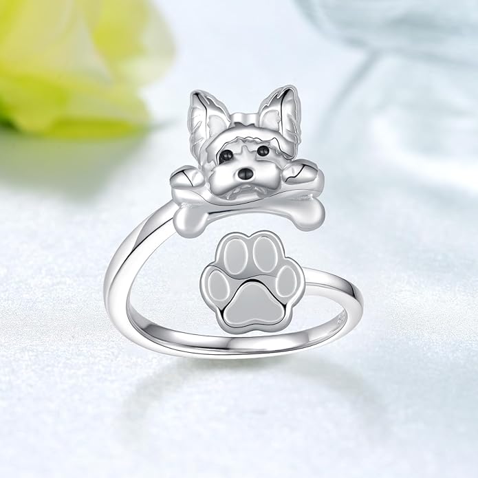 Dog Ring for Women Sterling Silver Yorkie/Pug Ring Dog Jewelry for Women