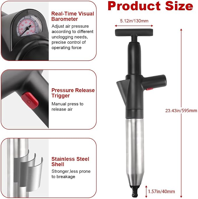 High Pressure Toilet Plunger, 60CM Long Handle Air Drain Blaster with Barometer, 0.4Mpa Powerful Unclogger for Toilet Sink Shower Floor Drain, Splash-Proof Heavy Duty Plumbing Tool (Black)