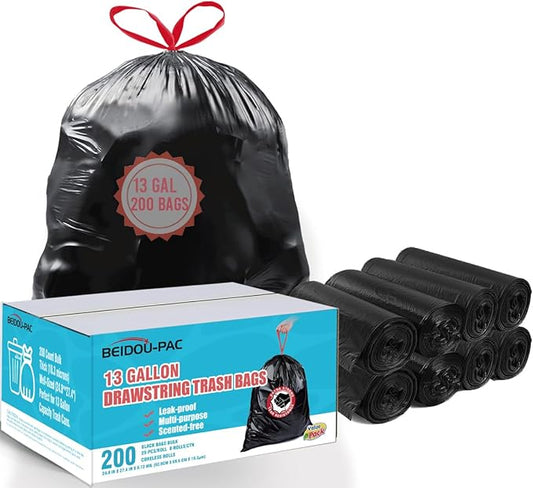 BEIDOU-PAC 13 Gallon Trash Bags Drawstring, 200 Count Bulk, Black & Unscented Garbage Bags, Multi-purpose Tall Kitchen Trash Bags Can Liners for Business Home Commercial and Industrial