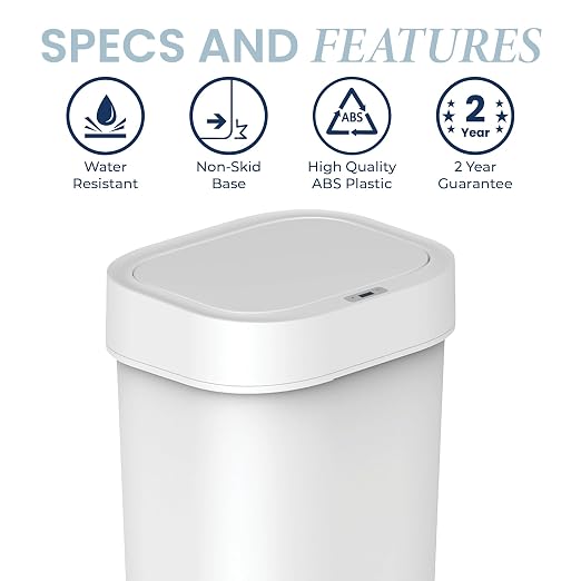 Versen 13.2 Gallons / 50 Liters Automatic Touchless Motion Sensor Rectangular Trash Can for Home and Kitchen with Slow Close Lid, White Plastic