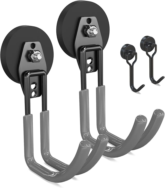 3-H Extra Strong Magnetic Hooks,Heavy Duty Large Anti-Slip Magnet Hooks J Shape,No-Drill Tool Holder for Garage,Power Drill,Garden Tools,Hose Storage,2 Pack Gray
