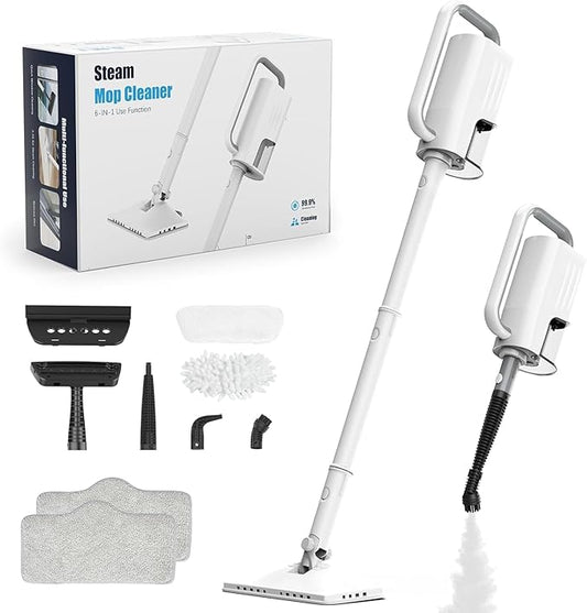 Steam Cleaner, 6 in1 Rotated Steam Mop Cleaner with 2 Modes, 2 Microfiber Pads, 400ML Removable Tank, 23FT Power Cable, Detachable Steam Mops for Floor, Laminate Floor, Tiles Cleaning (Onion White)