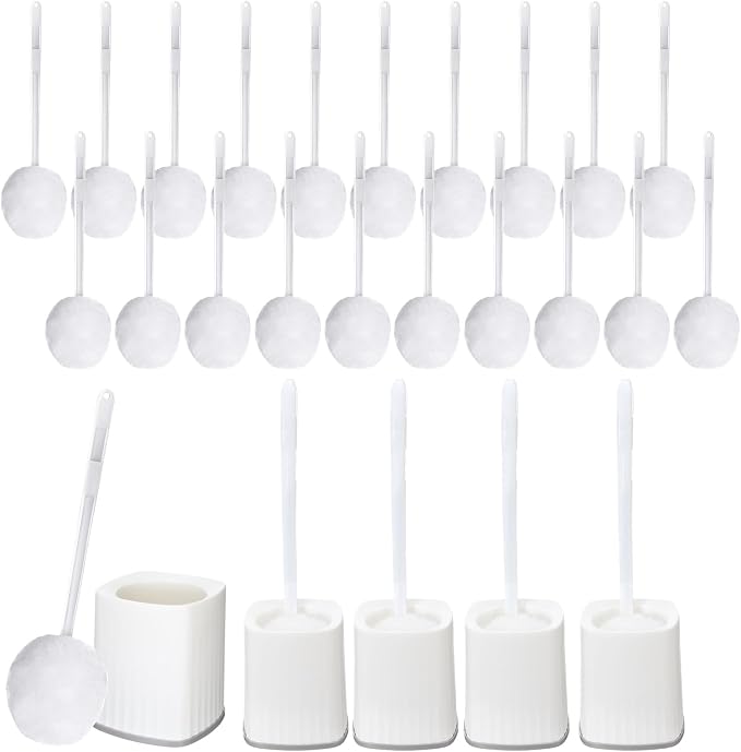 Maxdot 20 Pcs Toilet Bowl Brush Mop and 4 Pcs Brush Holder White Reusable Toilet Bowl Cleaning Scrub Compact Long Scrubber Bulk for Bathroom Accessories Cleaning Supplies
