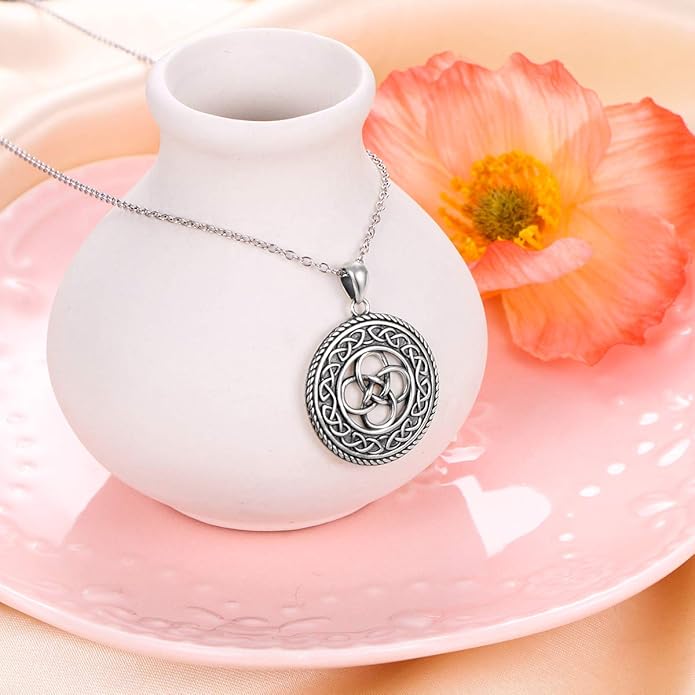 DAOCHONG 925 Sterling Silver Jewelry Oxidized Good Luck Irish Knot Celtic Medallion Round Pendant Necklace, 20 inch