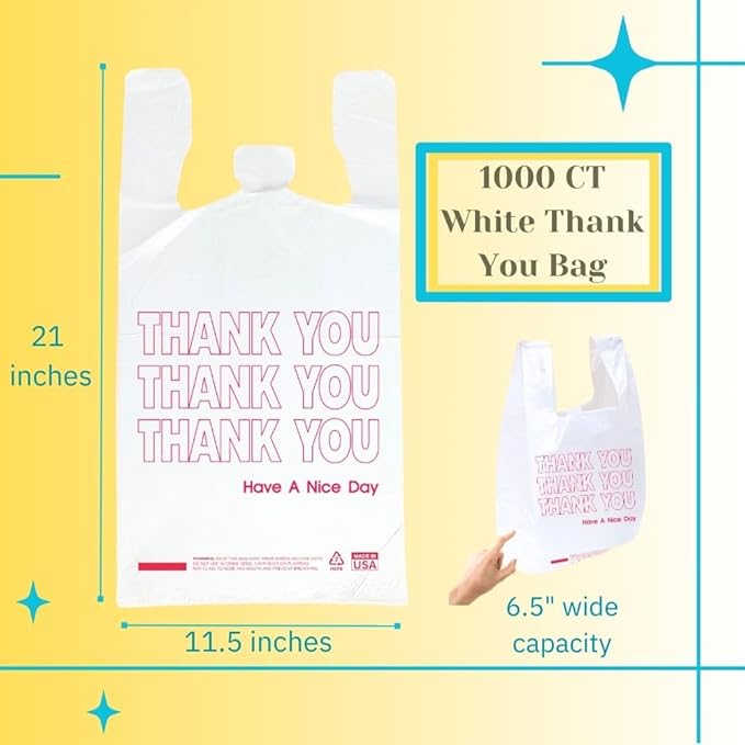 Bulk Thank You T-Shirt Bags (1000 Count) | White Plastic Shopping Sacks with Handles – Reusable for Grocery, Retail, Takeout, Merchandise & Small Trash Liners (11.5" x 6.5" x 21")