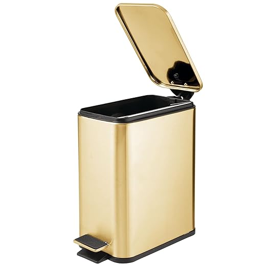 mDesign 1.3 Gallon Rectangular Slim Metal Trash Can w/ Foot Pedal, Easy-Close Lid, Narrow Wastebasket, Garbage Container Bin - Bathroom, Bedroom, Kitchen, Home Office, Removable Liner- Soft Brass