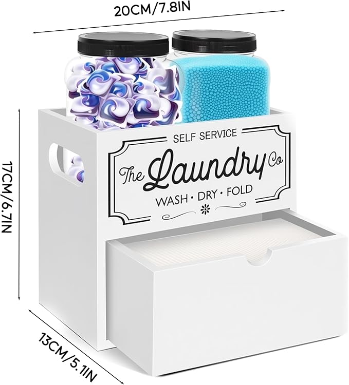 Laundry Pods Container, 7.8 x 5.1 x 6.7 Inches Wooden Dryer Sheet Container, Rustic Containers Storage Box, 2-Tier Storage Box with Drawer for Dryer Sheets and Pods (White)