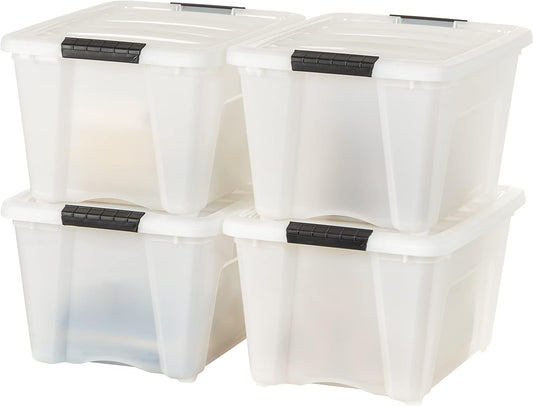 IRIS USA 32 Qt Stackable Plastic Storage Bins with Lids, 4 Pack - BPA-Free, Made in USA - Discreet Organizing Solution, Latches, Durable Nestable Containers, Secure Pull Handle - Pearl