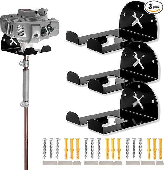 Upgraded Trimmer Rack Wall Mount - 8" Heavy Duty Weed Eater Hanger for Garage Wall, Garden Power Tool Holder Organizer Hooks for Grass Trimmer, Hedge Trimmer, Leaf Blower and Chainsaw, Black, 3 Pack