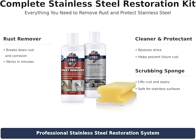 CLEAN MY STEEL Stainless Steel Rust Remover and Protector Kit, NSF Certified, 8.5 oz, Includes B570 Rust Remover, B580 Cleaner and Protector, Sponge and Gloves