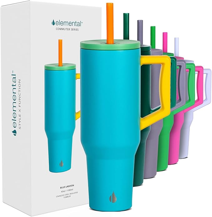 Elemental 40 oz Tumbler with Handle and Straw - Spill Proof Insulated Stainless Steel Commuter for Cold Beverages - Travel Coffee Mug with 2 Straws & Spill Proof Lid - 40oz- Blue Lagoon