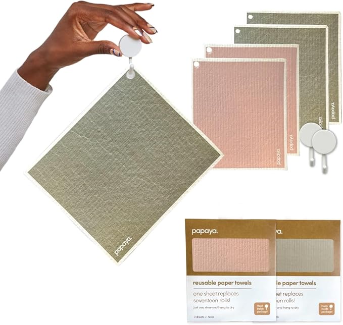 Papaya Reusable Paper Towels, Premium Swedish Dishcloths with Hook, Non-Scratch Reusable Paper Towel, 1 Sheet Replaces 17 Rolls - 4 Sheets, 2 Hooks