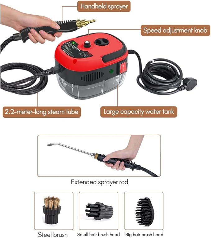 2500W High Pressure Steam Cleaner,Portable Handheld Steam Cleaner, Steam Cleaning Machine,High Temperature Pressurized Steam Cleaner with 3 Brush Heads for Floors, Car, Furniture, Bathroom
