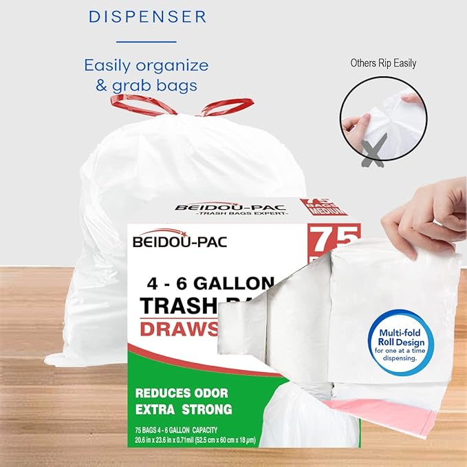 BEIDOU-PAC Trash Bags 4-6 Gallon Drawstring, 75 Count Garbage Bags, Medium Kitchen Trash Bags, Odorless & Heavy Duty White Plastic Food Scrap Bags for Bathroom Bedroom Office Waste