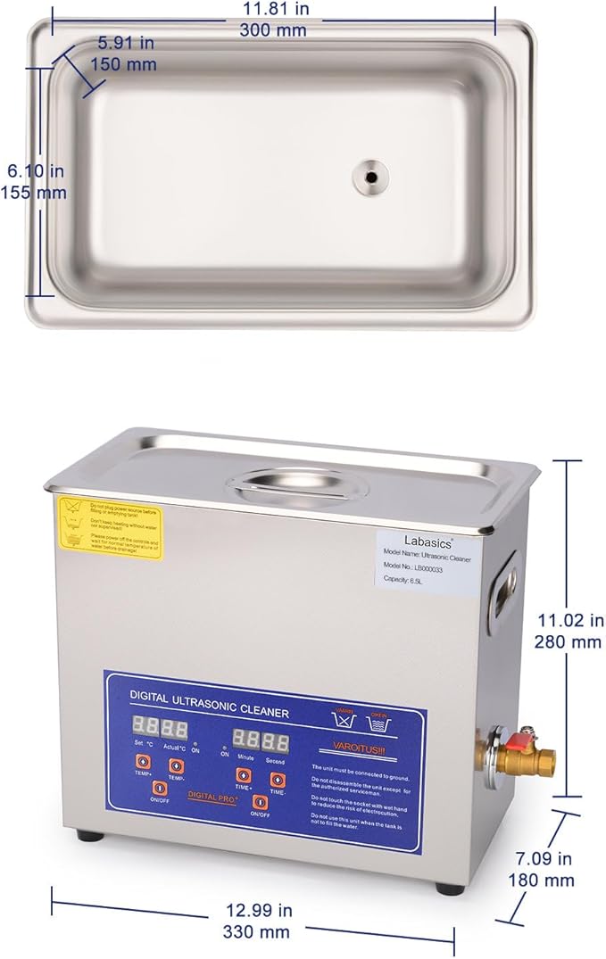 Labasics Ultrasonic Cleaner, Professional All-Purpose Stainless Steel Ultrasonic Washing Device with Digital Display Timer and Heat Control for Laboratory 110V, 6.5L