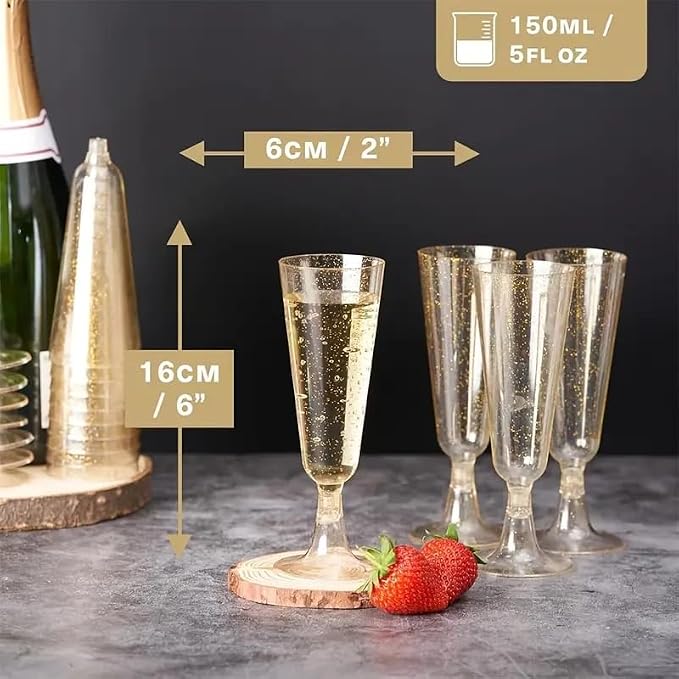 100 Pack Plastic Champagne Flutes 5.5oz Gold Glitter, Disposable Plastic Champagne Glasses, Suitable for Wedding, Birthday Party, Thanksgiving Day, Christmas Supplies