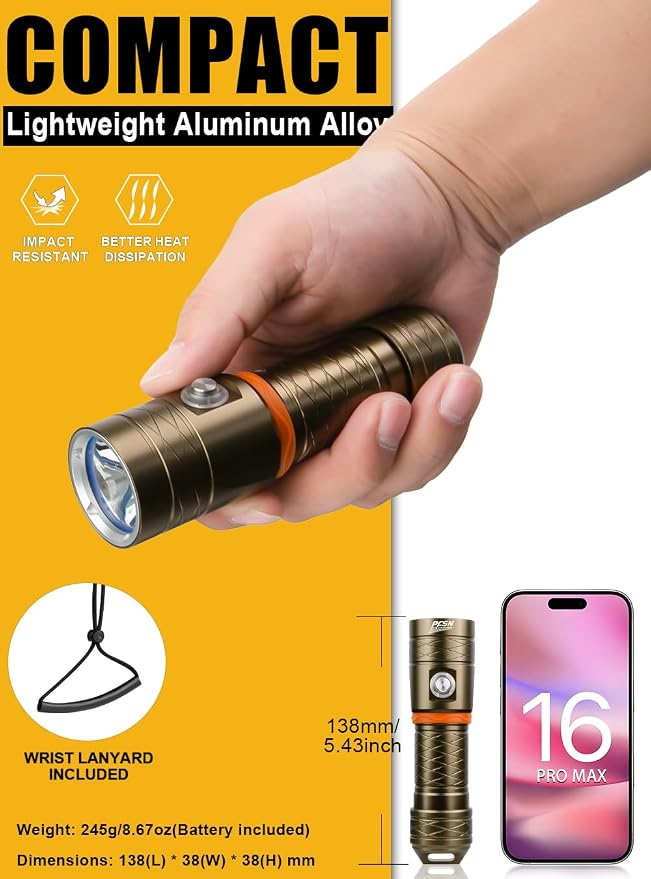 PFSN Dive Light 3500 Lumens, Underwater 150M Waterproof Diving Flashlight, 485M Long Range Narrow Beam, 20Hrs Runtime, Safety Lock Switch, Rechargeable LED Dive Torch for Deep Sea Caving, Snorkeling