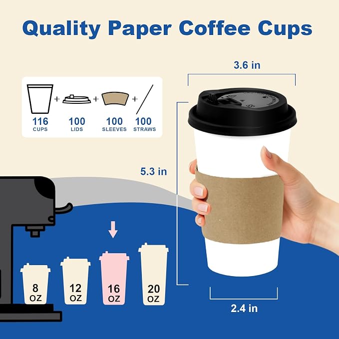 16 oz Coffee Cups + 16 Extra Cups Bulk Disposable To-Go Paper Cups with Lids and Sleeves for Hot Beverage, Chocolate, Cocoa, Office Supplies, Coffee Bar Accessories (100 Pack + 16 Extra Cups, White)