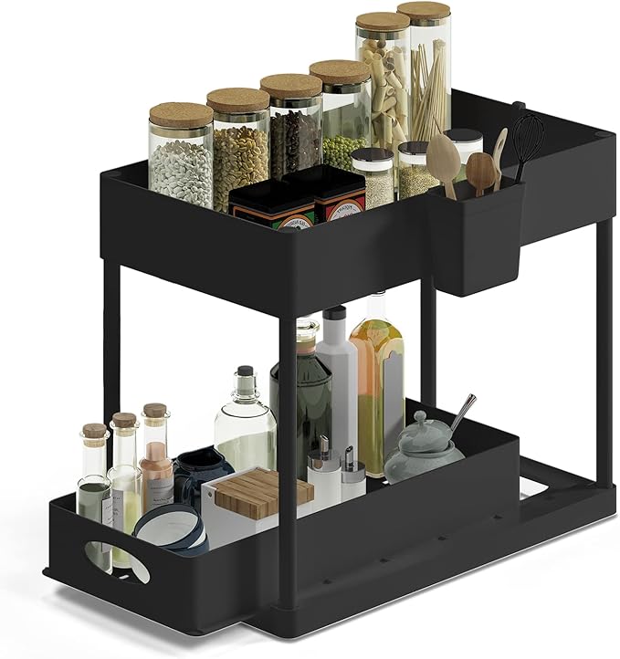 Hearth & Harbor 2-Tier Under Sink Organizer, Black, Plastic, 12" H x 8" W x 15.5" L