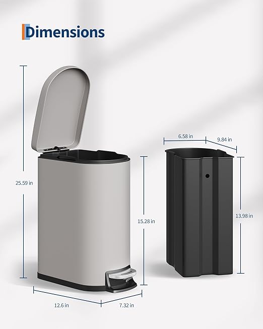 Garvee 2.6 gal / 10 L Metal Bathroom Trash Can with Lid, Slim Waterproof Garbage Can for Bedroom, Small Step-on Trash Bin with Inner Bucket, Rear Handle, Soft Close Lid, Grey