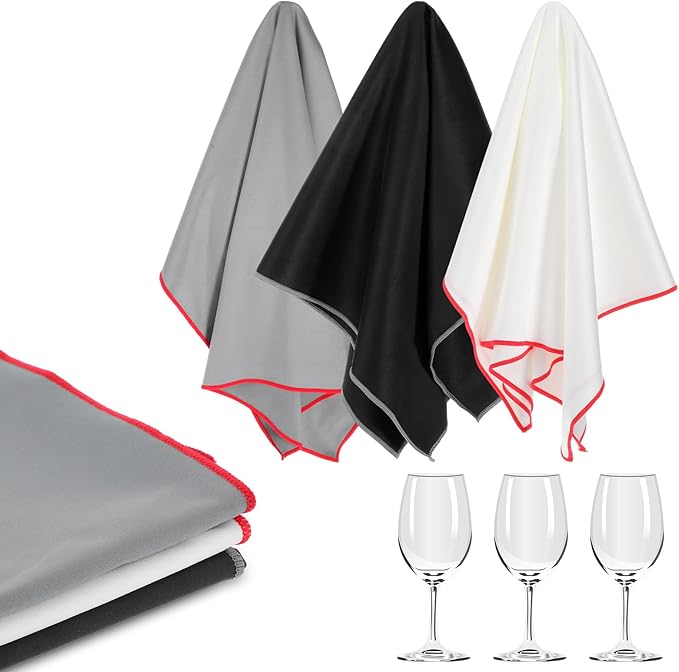 Lemecima 6 Pcs Wine Glass Polishing Cloths Large Microfiber Cleaning Cloths 23.6 x 19.7 Inch Lintless Towels for Drying Wine Glasses Cleaning Window Stemware Dishes Glassware (White, Black, Gray)