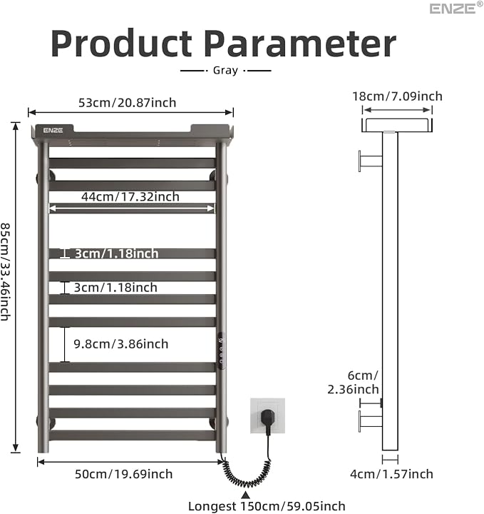 ENZE Smart Heated Towel Rack, 11-Bar Wall-Mounted Electric Towel Warmer with Shelf, Wi-Fi App Control, Adjustable Temperature & 24H Timer, Low Carbon Steel, IPX5, Plug-in/Hardwired, Gray