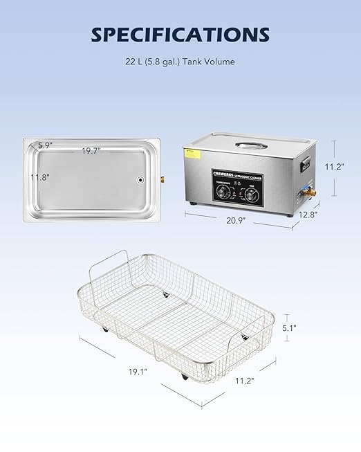 CREWORKS Ultrasonic Cleaner with Heater and Timer, 480W 22L Professional Ultrasonic Cleaning Machine, 5.8 gal Stainless Steel Cleaner with Knobs for Tool Jewelry Watch Glasses and More