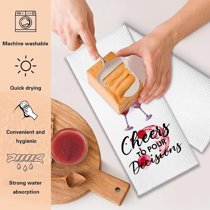 Cheers to Pour Decisions Funny Kitchen Towels 2 Pack, Sweet New House Gift for The Hostess, Christmas Birthday Housewarming Gift for Mom Grandma Sisters Neighbors Friends