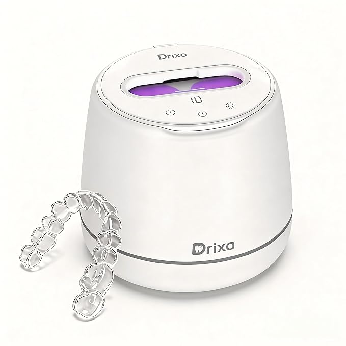 Drixo Ultrasonic Retainer Cleaner Machine, IPX6 Waterproof Dental Cleaning Pod, 3 Modes Denture Cleaner for Night Guard Mouth Guard Braces, 45kHz Cleaner with UV Light, 200ML Tank, Glacial White