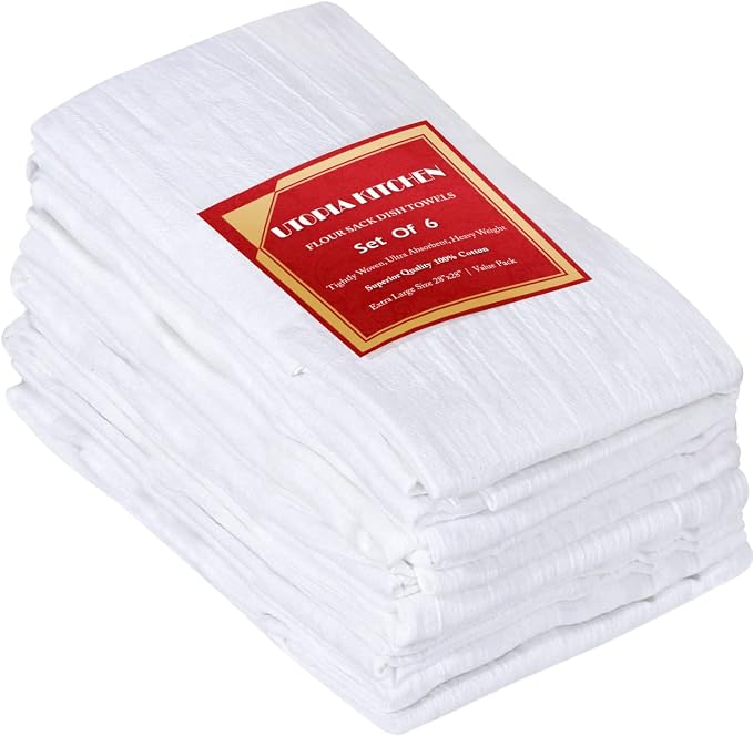 Utopia Kitchen White Flour Sack Towels [6 Pack - 28 x 28 Inch] 100% Cotton Tea Towels for Cleaning & Drying - Highly Absorbent Kitchen Dish Cloth