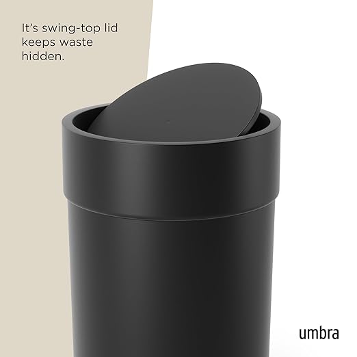 Umbra Touch Trash Can, Small 1.6-Gallon Garbage Bin with Swing Lid, Waste Basket for Bathroom or Office, Black