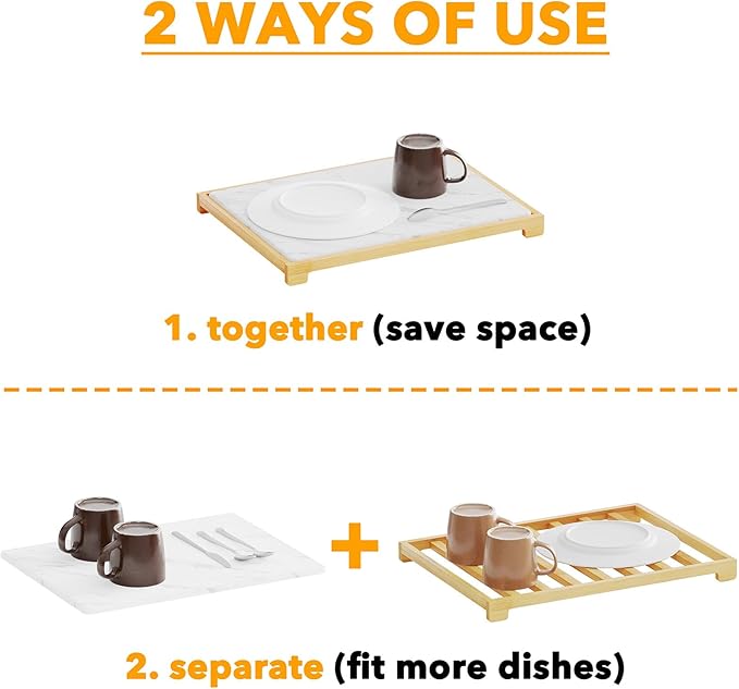 SpaceAid Bamboo Rack Dish Pad, Instant Dry Diatomaceous Earth Mat for Kitchen Counter, Stone Dish Fast Drying Mat Board (15.8 x 11.8 inch, White Marble)