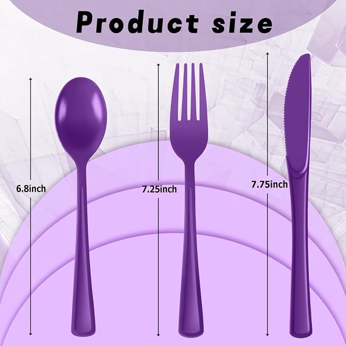 Plastic Silverware 300 PCS Disposable Silverware Heavy Duty Utensil Sets 100 Of Each Forks Knives & Spoons Disposable Cutlery Set For Easter,Birthday,Baby Shower,Garden Party,Wedding(300,Purple)