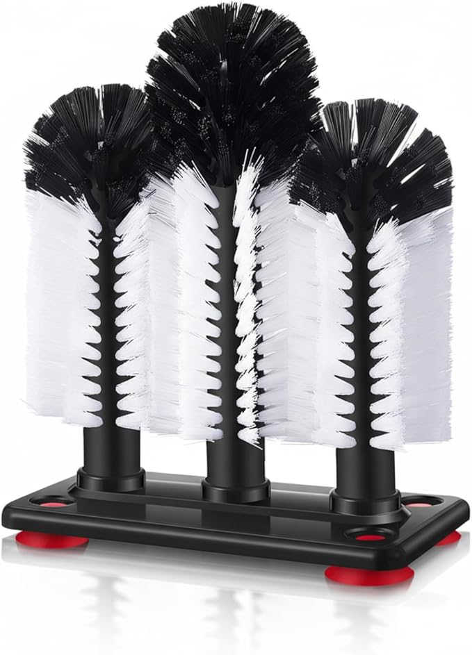 Havawish 1 Pack Water Bottle Cleaning Brush with Suction Base, 3 Head Bristle Bar Glass Washer for Sink, Washer Brush Cleaner for Bar Beer Cup, Wine Glass, Long Leg Cup Kitchen Tools