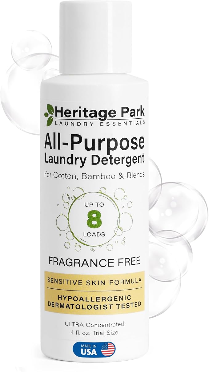 Heritage Park Luxury Laundry Detergent | Dermatologist Tested Plant based Natural & Enzyme Laundry Detergent | Sensitive Skin Friendly - Fragrance Free (4 fl oz Trial Size)