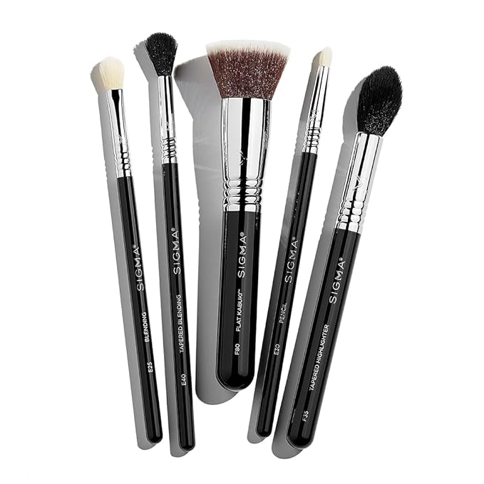 Sigma Beauty Most-Wanted Brush Set — Set of 5 Favorite Makeup Brushes for Foundation, Highlighter, Eyeshadow, Pencil Liner, and Blending (5 pcs)