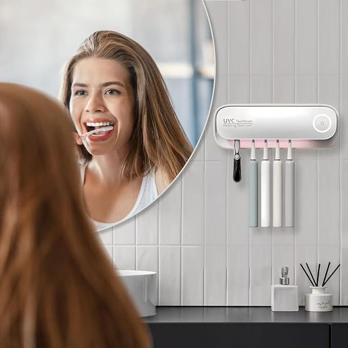 UV Toothbrush Holders Wall Mounted Toothbrush Sanitizer Cleaner 5 Slots with Heating and Fan Drying Smart Home Bathroom Accessories Cordless & No Drilling