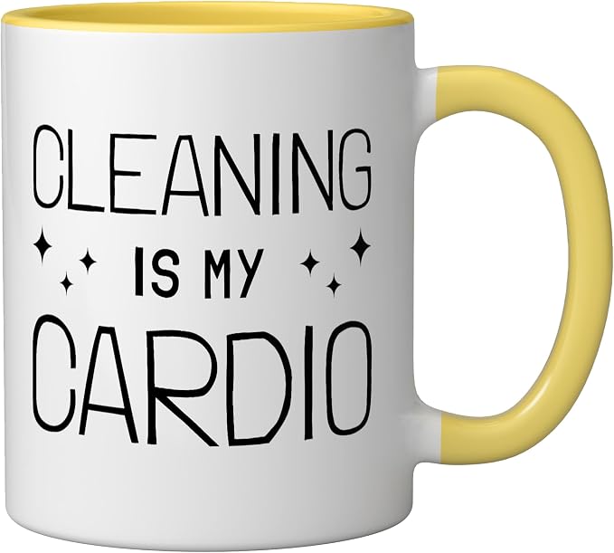 Neat Freak I Cleaning Is My Cardio I Neat Freak Ceramic Mug, Yellow/White