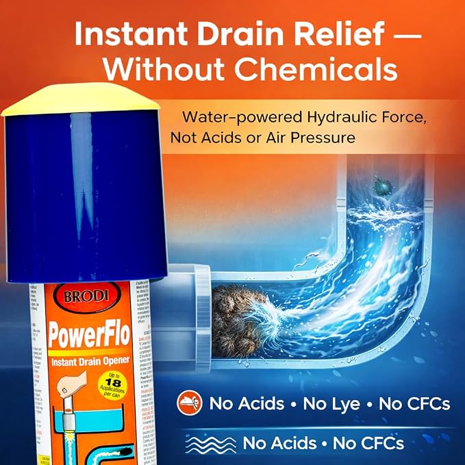 Powerflo Instant Drain Opener, Non-Chemical Hydraulic Action Clears Clogs Fast, Works on All Drain Sizes, Safe for Plumbing & Vents, Powerful solution with 18 applications (Pack of 1)