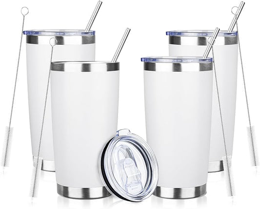 20oz Tumbler with Straw and Brush, Stainless Steel Vacuum Insulated tumbler, Double Wall Insulated Coffee Tumbler for Outdoor, Home, Travel,Office (White,4pcs)