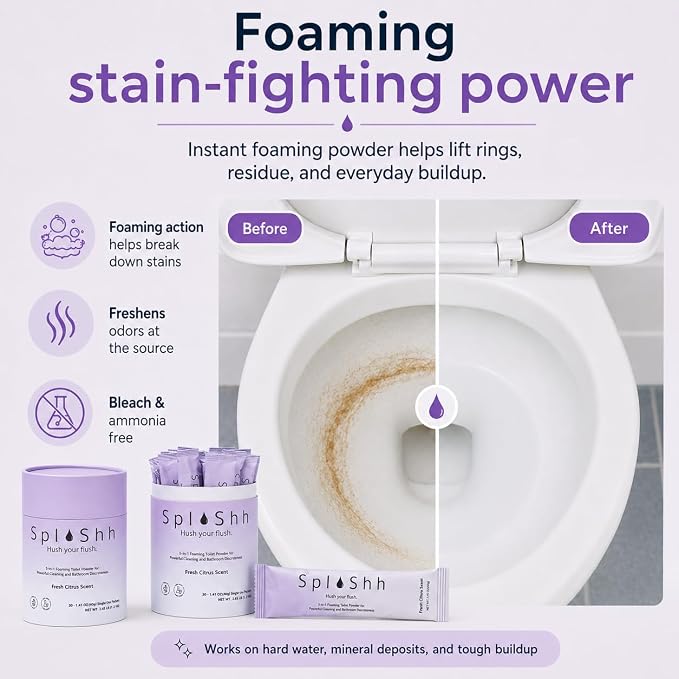 SplaShh 5 in 1 Foaming Toilet Bowl Cleaner, 30 Powder Packets, Fresh Citrus Scent, No Harsh Chemicals, Easy Clean, Replaces Sprays, Pods & Tablets, Stain & Odor Remover, Convenient Pouches