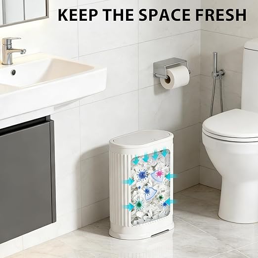 1.8 Gallon Bathroom Trash Can with Lid, Small White Stainless Steel Press Top Garbage Can, Removable Inner Bucket, Includes 60 Trash Bags
