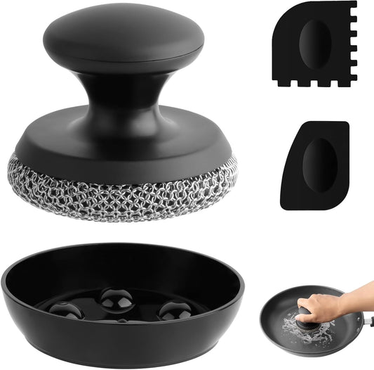 Cast Iron Scrubber Cleaner, Chainmail Scrubber for Cast Iron Pan Skillet, Dish Scouring Pad, Stainless Steel Brush/Scraper for Metal Skillet Scrubbing, Wok, Dutch Oven Cleaning Kit - Thin Mesh