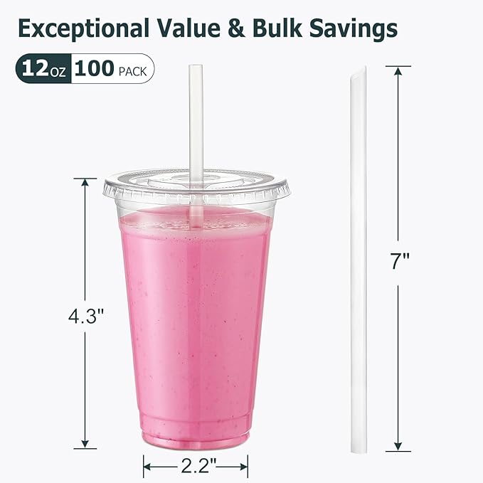 AOZITA [100 Sets 12 oz Clear Plastic Cups With Lids and Straws, Disposable Cups With Lids for Iced Coffee, Smoothie, Milkshake and Cold Drinks.