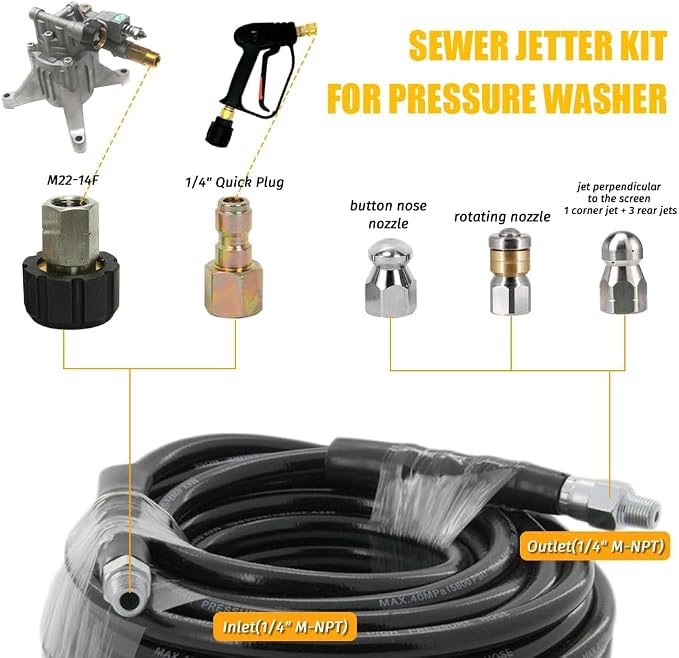 SUNTAI Sewer Jetter Kit for Pressure Washer 50FT, 5800PSI Drain Cleaner Hose 1/4 Inch NPT, Corner, Button Nose and Rotating Sewer Jetting Nozzle