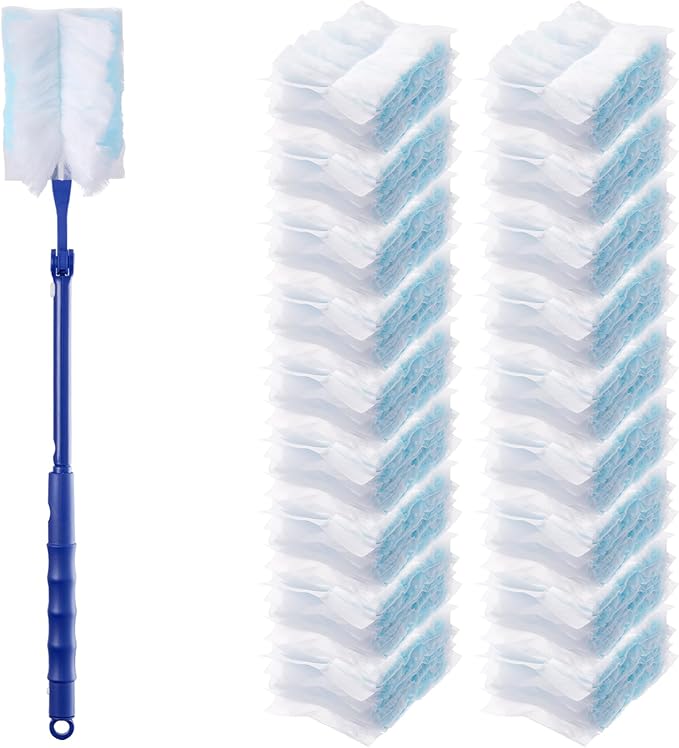 200PCS Duster Refills with 1Pack 23.6"-29.5" Telescopic Handle(15cm Extension), Disposable Electrostatic Dusters for Cleaning Office, Home, Blinds, Ceiling Fans, Furniture