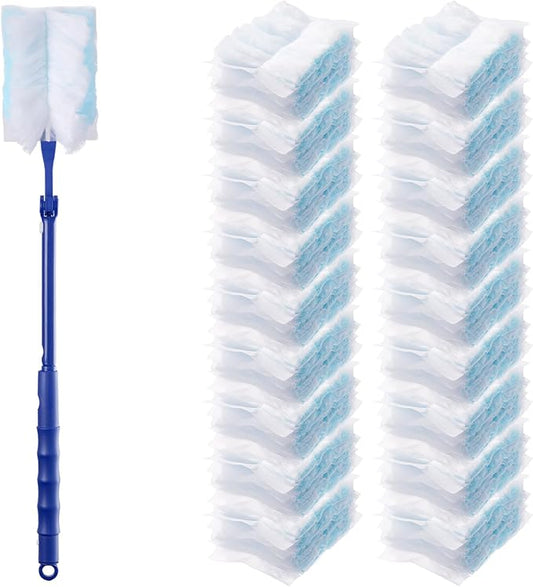 200PCS Duster Refills with 1Pack 23.6"-29.5" Telescopic Handle(15cm Extension), Disposable Electrostatic Dusters for Cleaning Office, Home, Blinds, Ceiling Fans, Furniture
