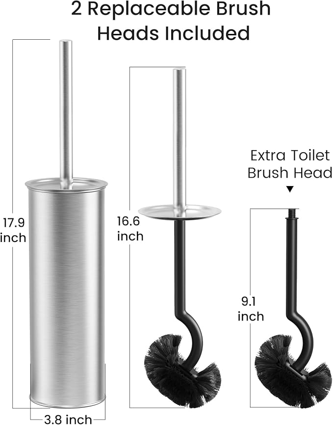 Cesun Toilet Brush and Holder Set with 2 Brush Heads, Curved Toilet Bowl Brush for Under Rim Cleaning, 304 Stainless Steel Holder, Long Handle Toilet Scrubber, Silver